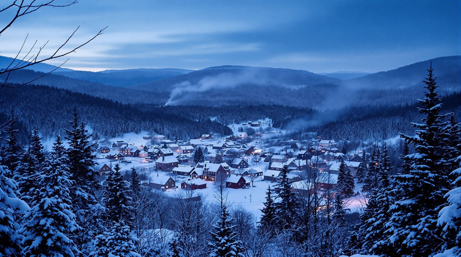 A Vermont village and its surrounding hills under fresh deep snow at winter dusk