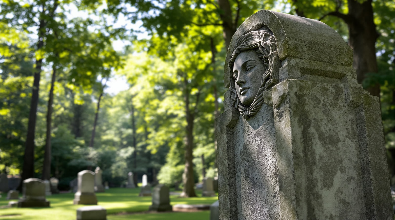 A finely hand-carved grey granite memorial standing in a quiet wooded New England cemetery