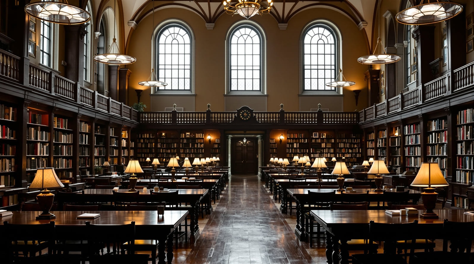 Reading room of a historic small-town New England public library with tall windows and dark wooden tables